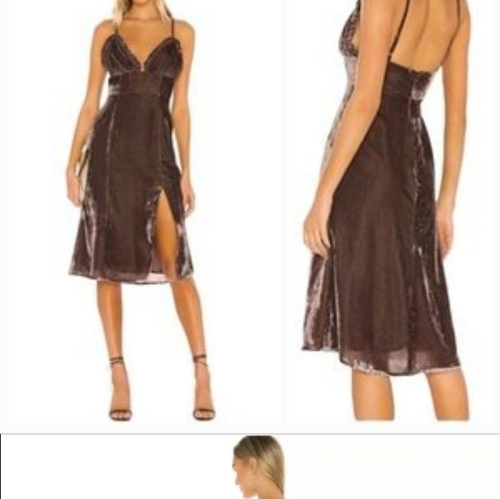Majorelle Yana Midi Spaghetti Strap Soft Velvet Brown Classic Cocktai Dress XS.
